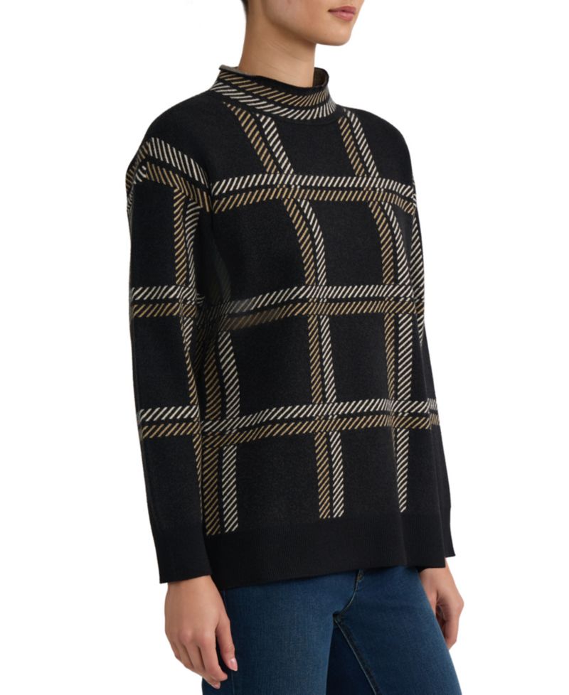 Petite Mock Neck Plaid Long-Sleeve Sweater