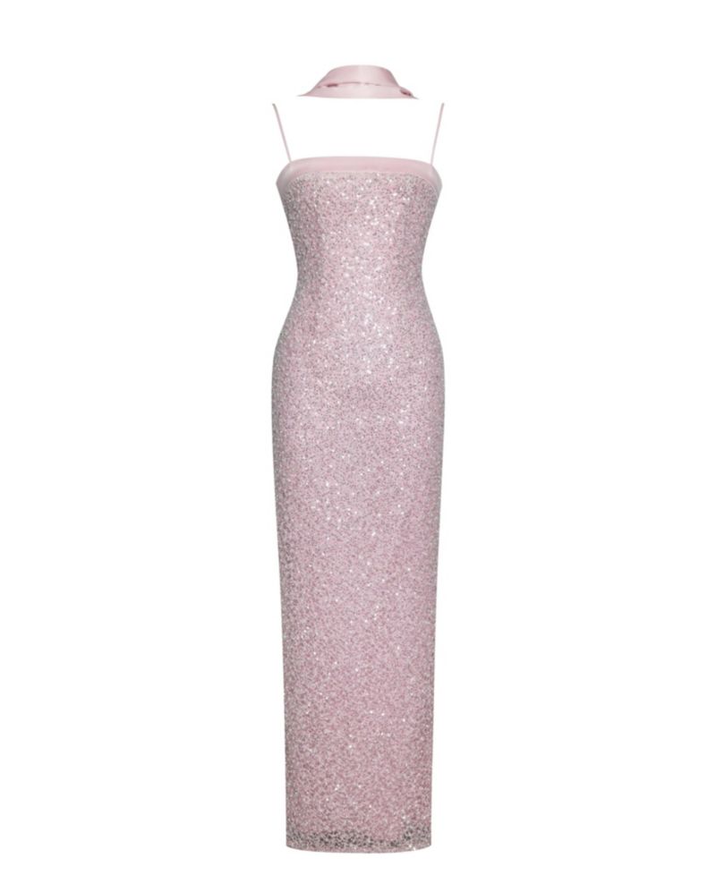 Women Raizel Pink Beaded Sequin Bodycon Gown with Scarf