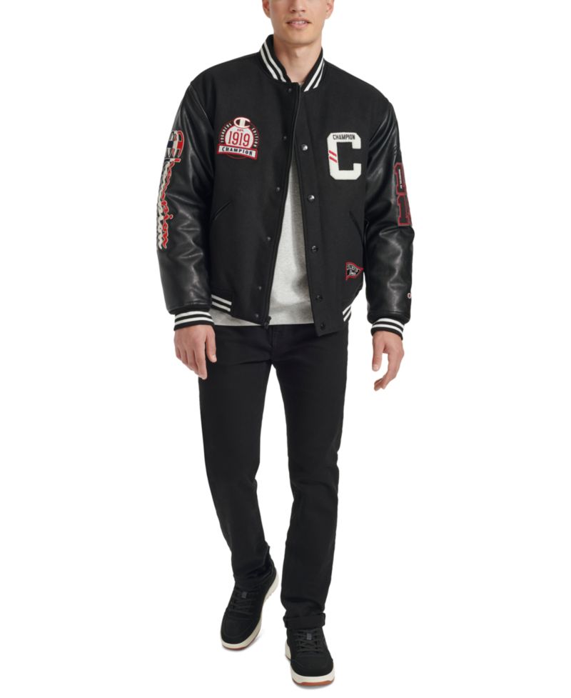 Men's Logo-Patch Mixed-Media Varsity Jacket