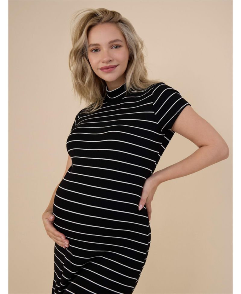 Women's Mock Neck Short Sleeve Ribbed Midi Dress - Motherhood