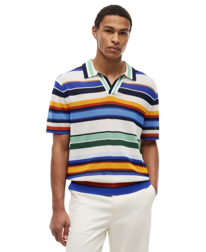 Men's Multi-Stripe Johnny Collar Short-Sleeve Knit Polo Shirt
