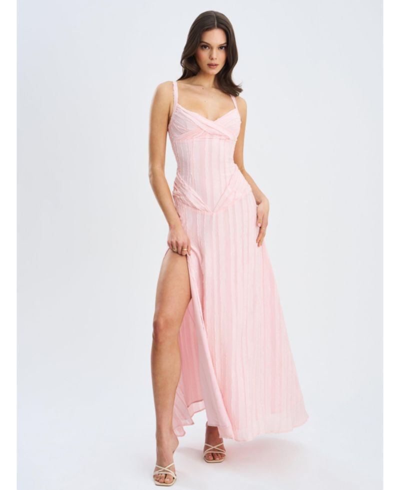 Women's Mallory Baby Pink Stripe Jacquard High Slit Gown