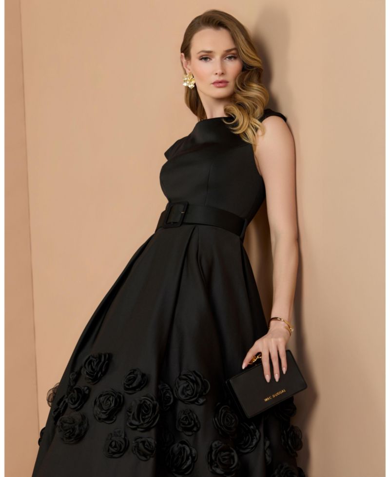 Women's Belted Floral Rosette A-Line Midi Dress
