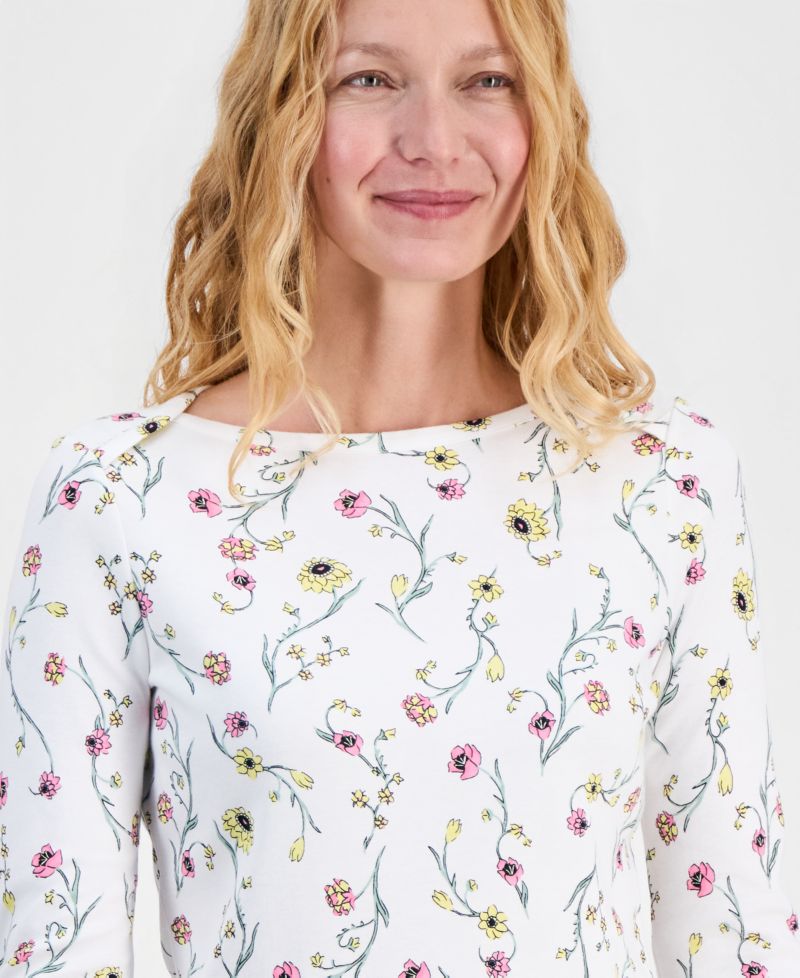 Women's Printed Pima Cotton 3/4 Sleeve Boat-Neck Top
