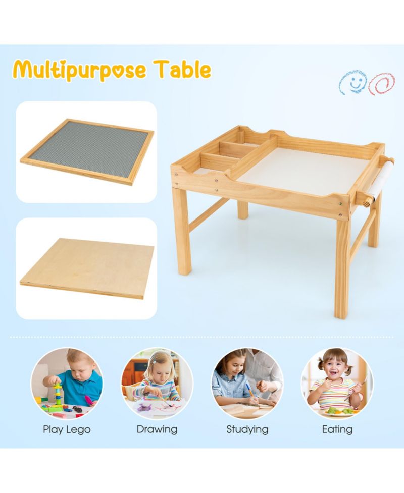 Kids Multi Activity Play Table Wooden Building Block Desk with Storage Paper Roll