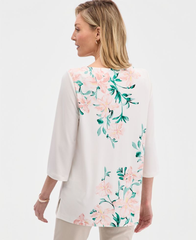 Women's Printed Embellished 3/4-Sleeve Boat-Neck Top