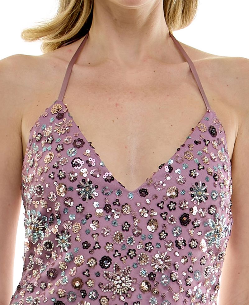 Juniors' Beaded Sequin Halter A-Line Mini Dress