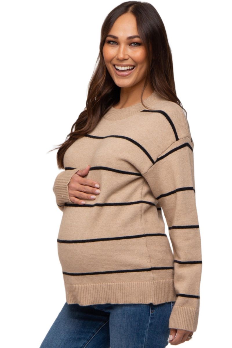 Maternity Mocha Striped Mock Neck Sweater