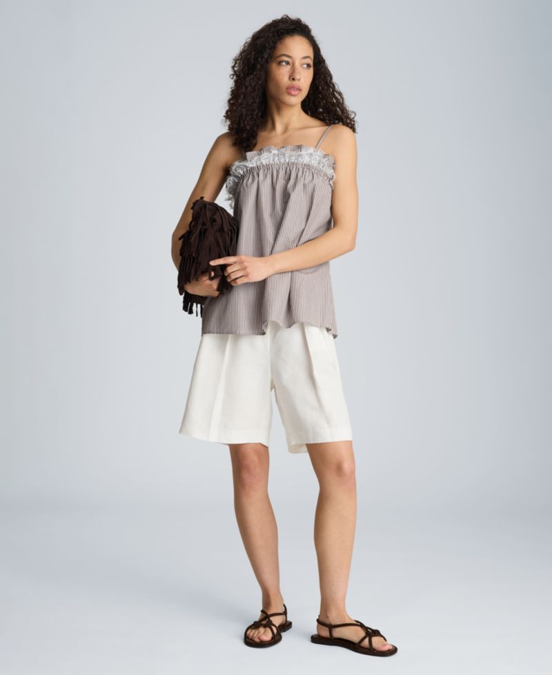 Women's Cotton Shirred Neck Lace Trim Camisole