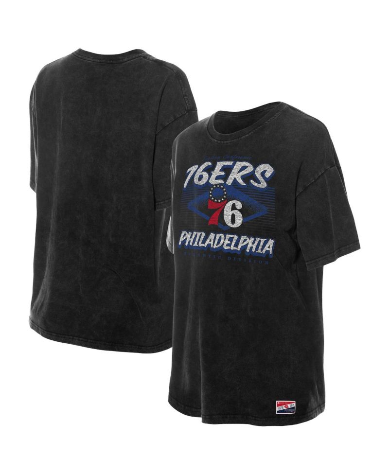 Women's Black Philadelphia 76ers Throwback Mineral Wash Oversized T-Shirt