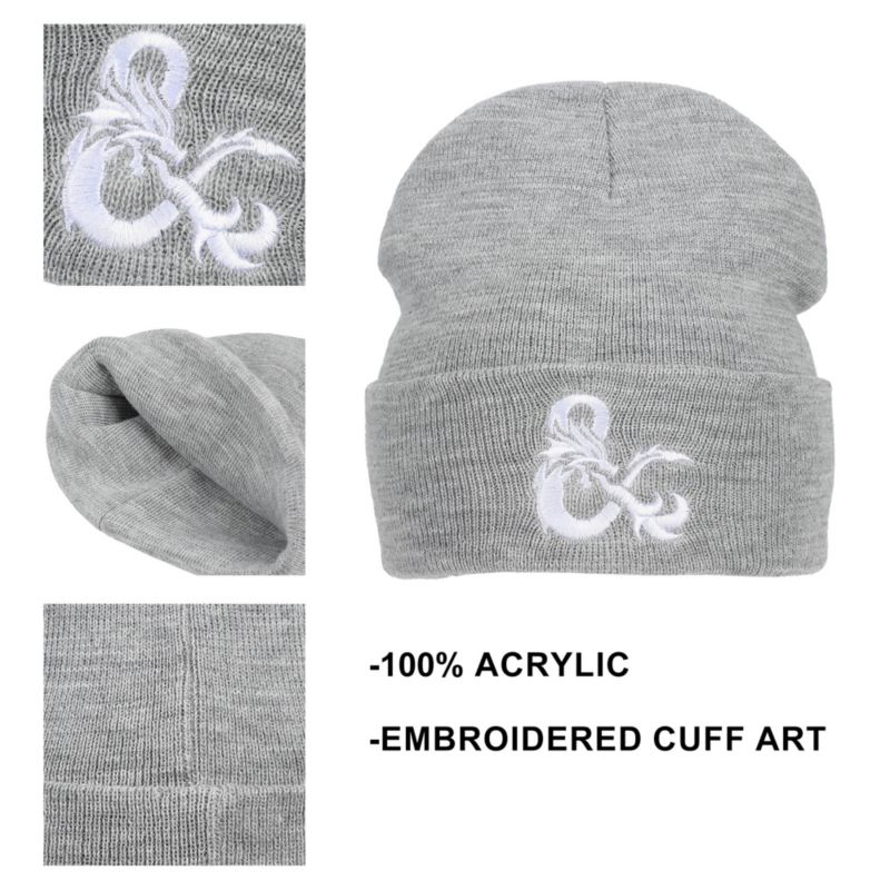 Men's Dungeons and Dragons Ampersand Logo Embroidery Heather Gray Acrylic Knit Cuff Beanie