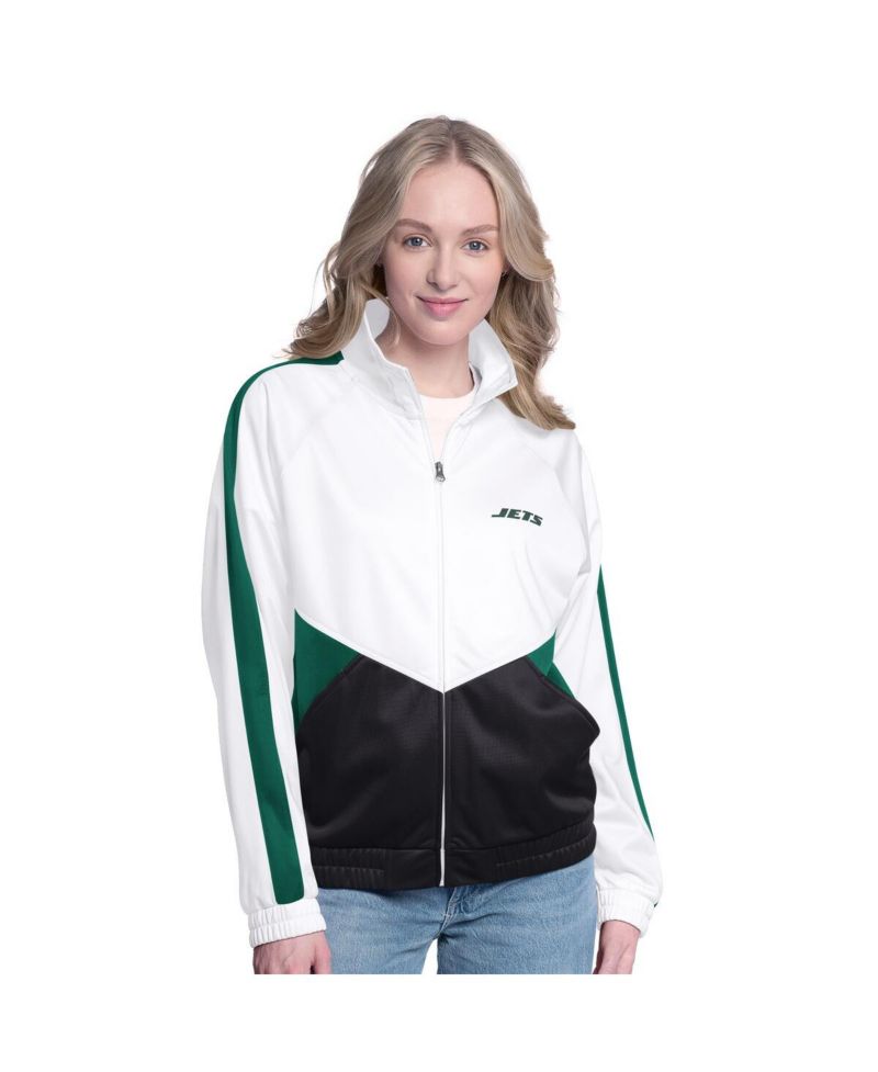 Women's White/Green New York Jets Rally Rhinestone Full-Zip Track Jacket