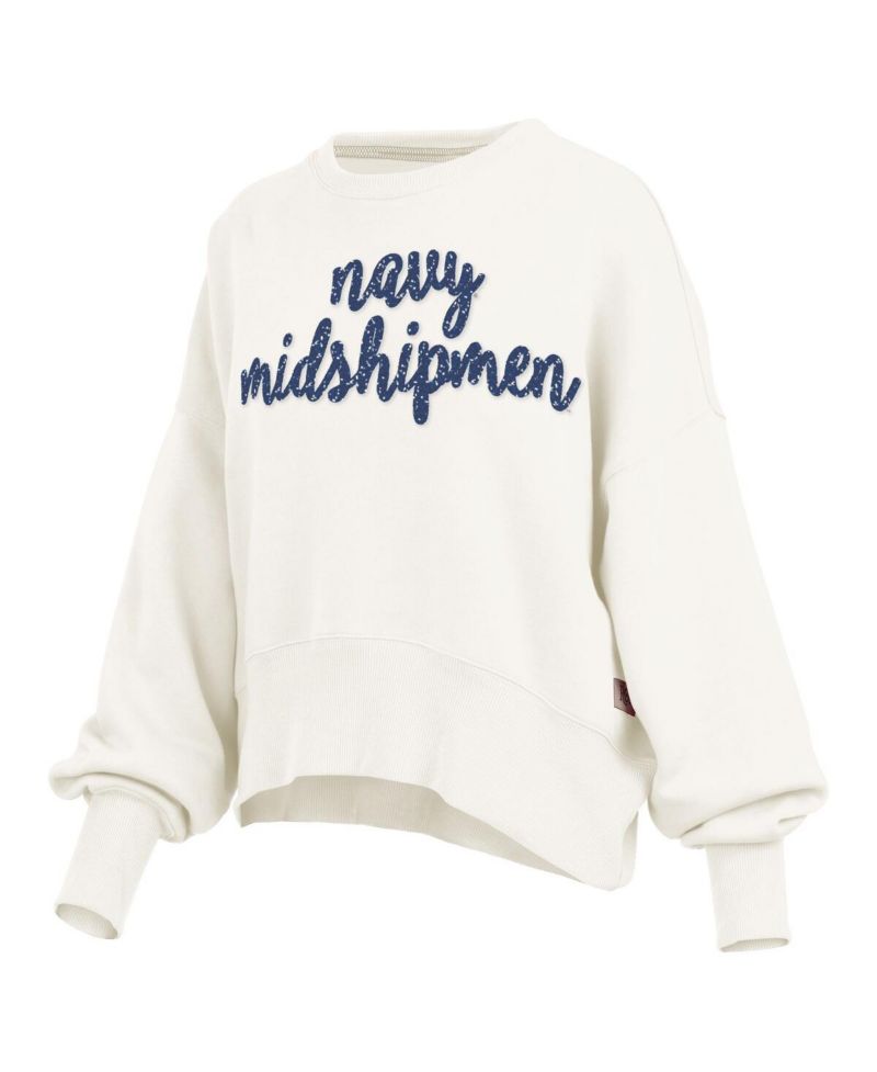 Women's Cream Navy Midshipmen Oversized Chelsea Waist Length Pullover Sweatshirt