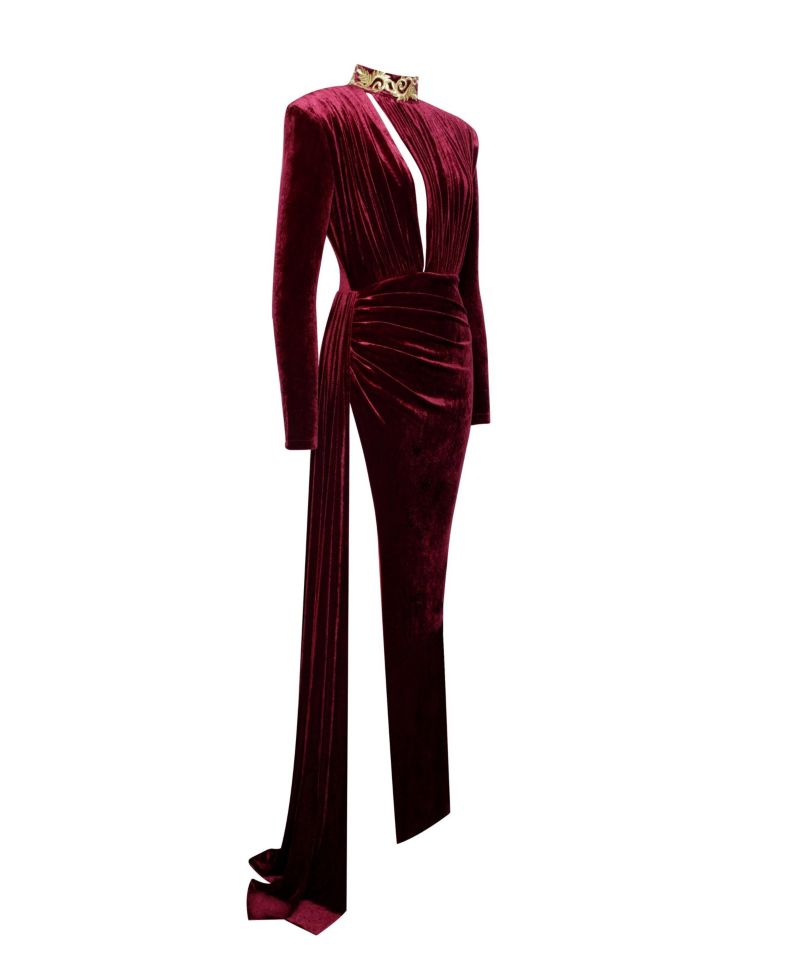 Women Zenaida Burgundy Cutout High Slit Velvet Gown