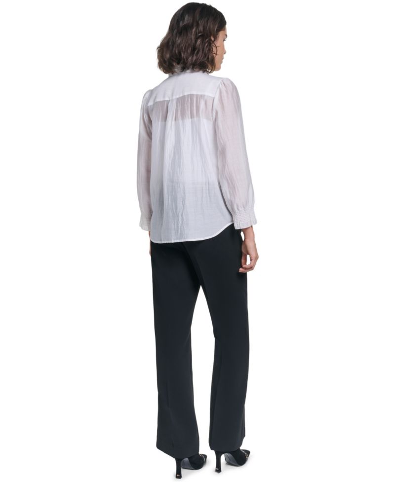 Women's Ruffle Button Woven Collar Neck Top