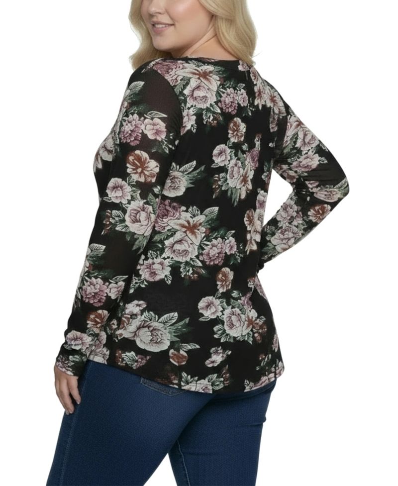 Plus Size Long Raglan Sleeve Mesh Top