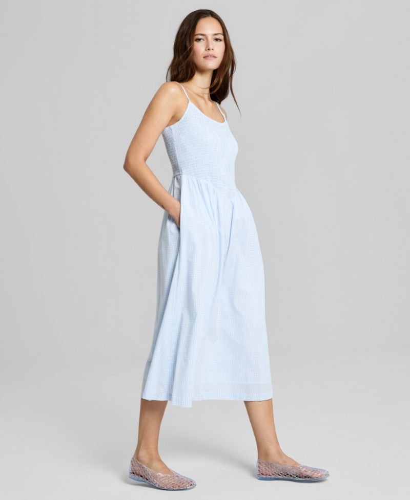 Women's Cotton Gingham Smocked Midi Dress