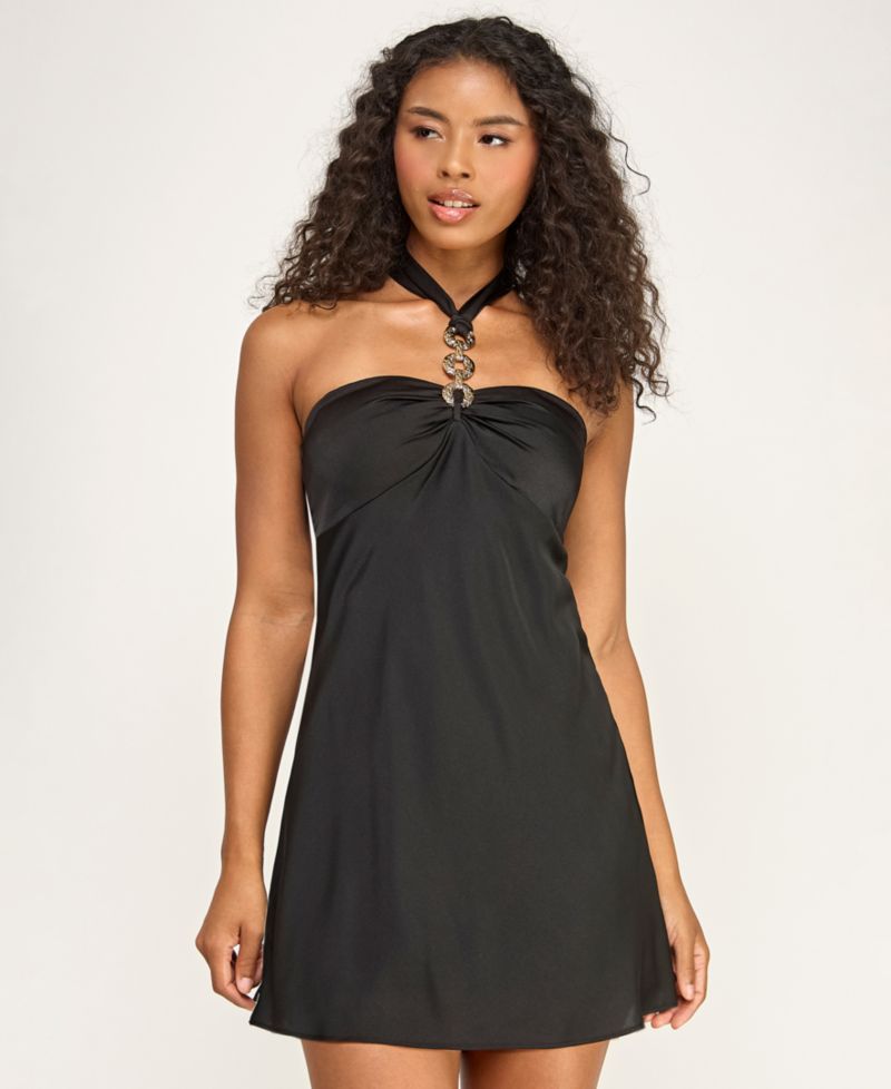Juniors' Halter Neck Satin Mini Dress