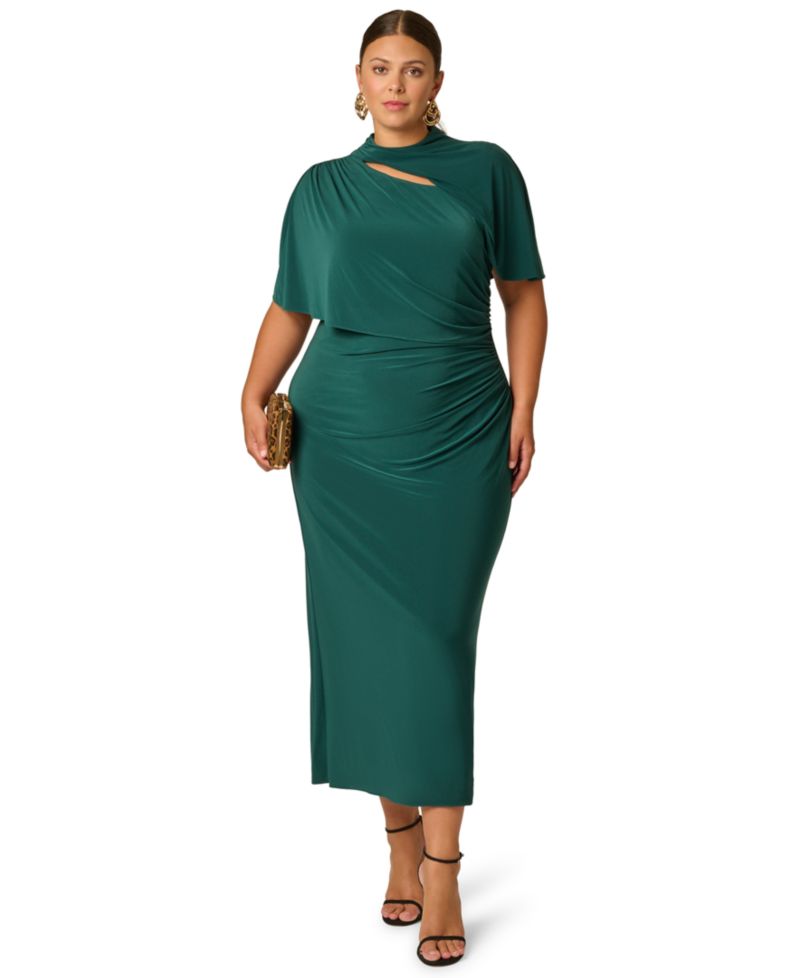 Plus Size Matte Jersey Short-Sleeve Cutout Mock Neck Capelet Dress