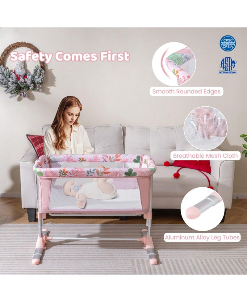 Baby Folding Bedside Bassinet Sleeper with 4 Adjustable Heights