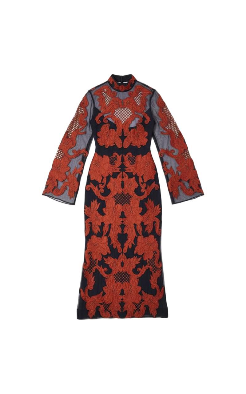 Women's High Neck Embroidered Midi Dress