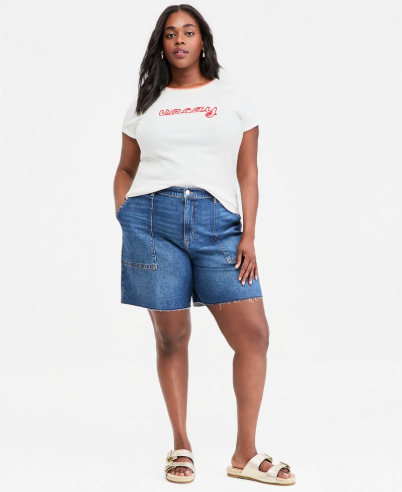 Plus Size High Rise A-line Denim Utility Bermuda Shorts