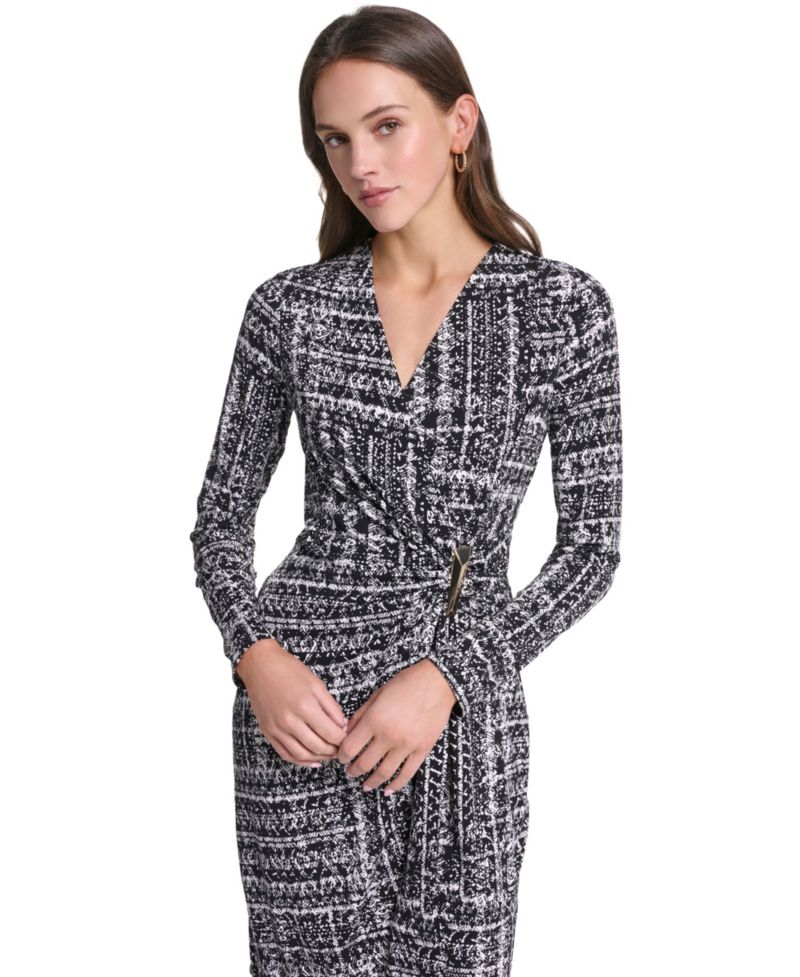 Women's Long-Sleeve V-Neck Printed Sheath Dress