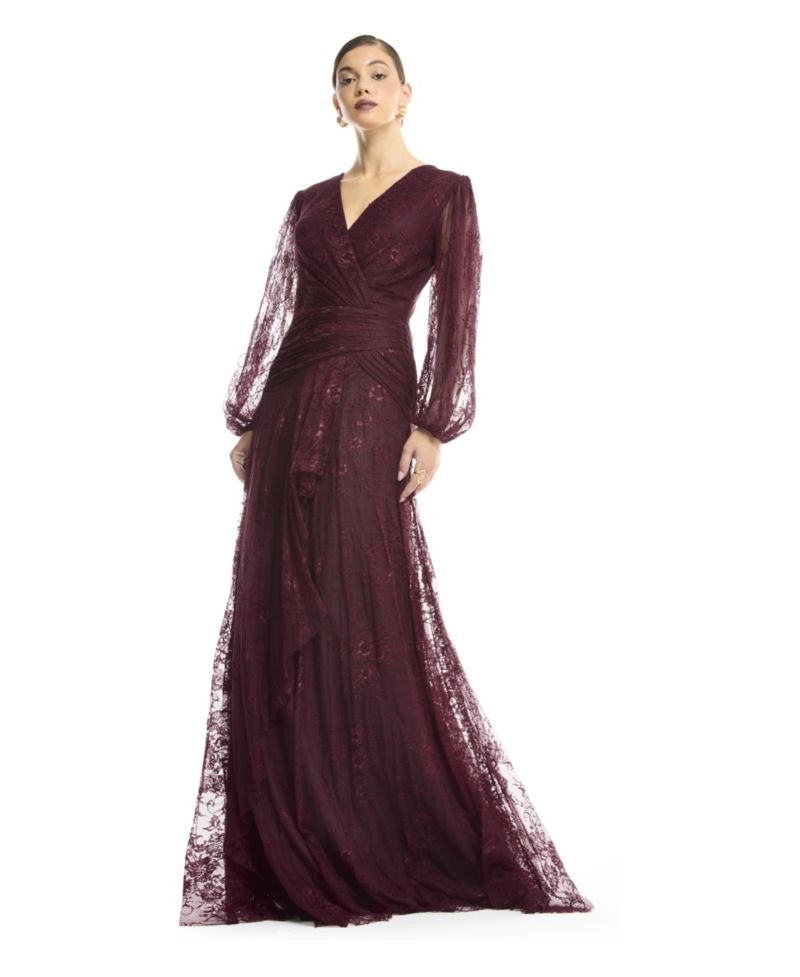 Women's Wrap Lace Gown with Sheer Sleeves - Tiered Ruffle Draped Evening Dress