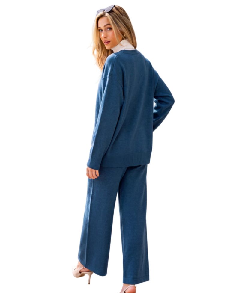 Women's V-Neck Knit Wide-Leg Cardigan and Pants, 2-Piece Set