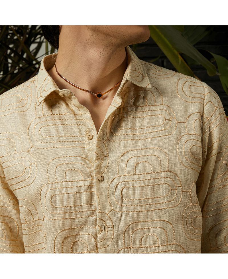 Men's Khaki Beige Curve-Lined Shirt