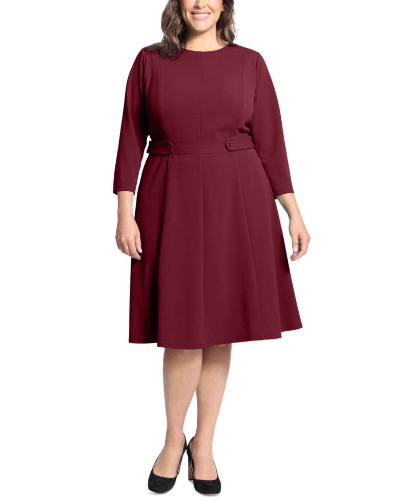Plus Size 3/4-Sleeve Tab-Waist Fit & Flare Dress