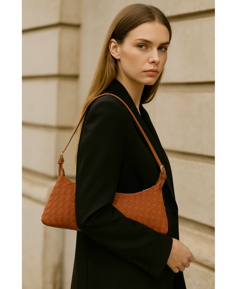 Woven Suede Baguette Bag with Crossbody Strap