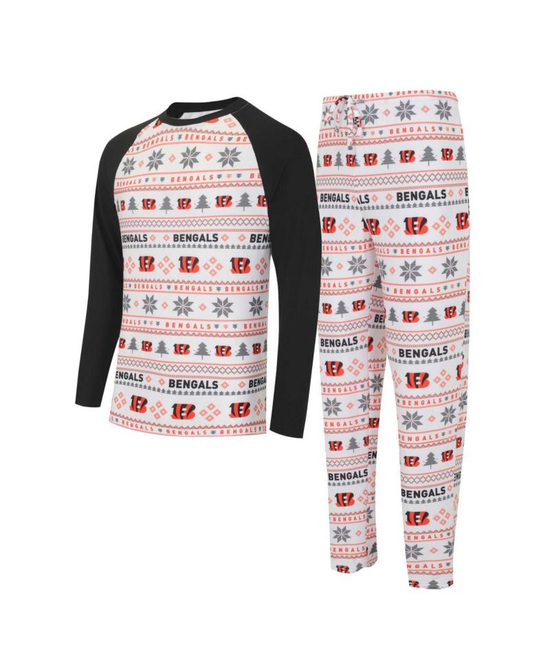 Men's White, Black Cincinnati Bengals Tinsel Raglan Long Sleeve T-shirt and Pants Sleep Set