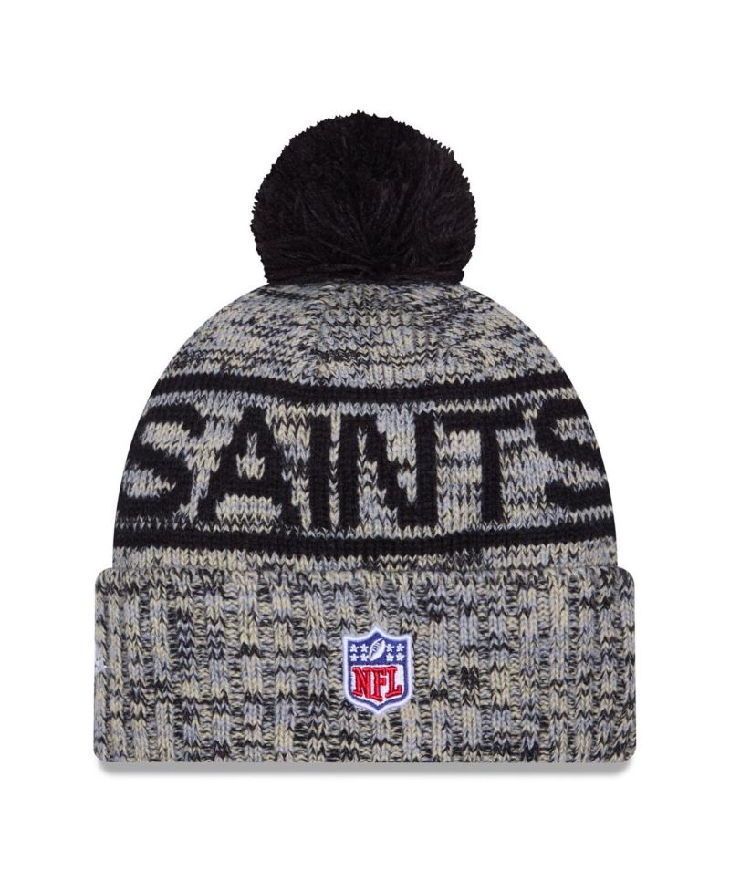 Men's Black New Orleans Saints 2025 Sideline Cold Weather Cuffed Knit with Pom Hat