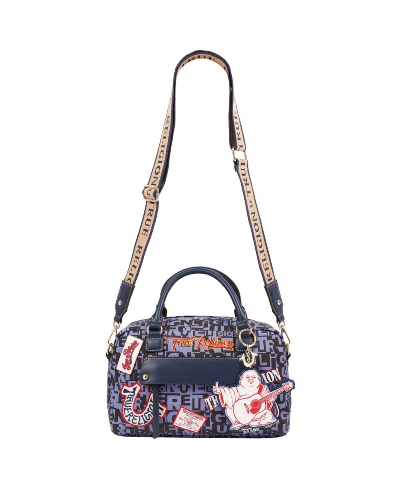 Women's Multi Patch Graphic Satchel Bag with Detachable Guitar Buddha Charm - Convertible Crossbody Handbag