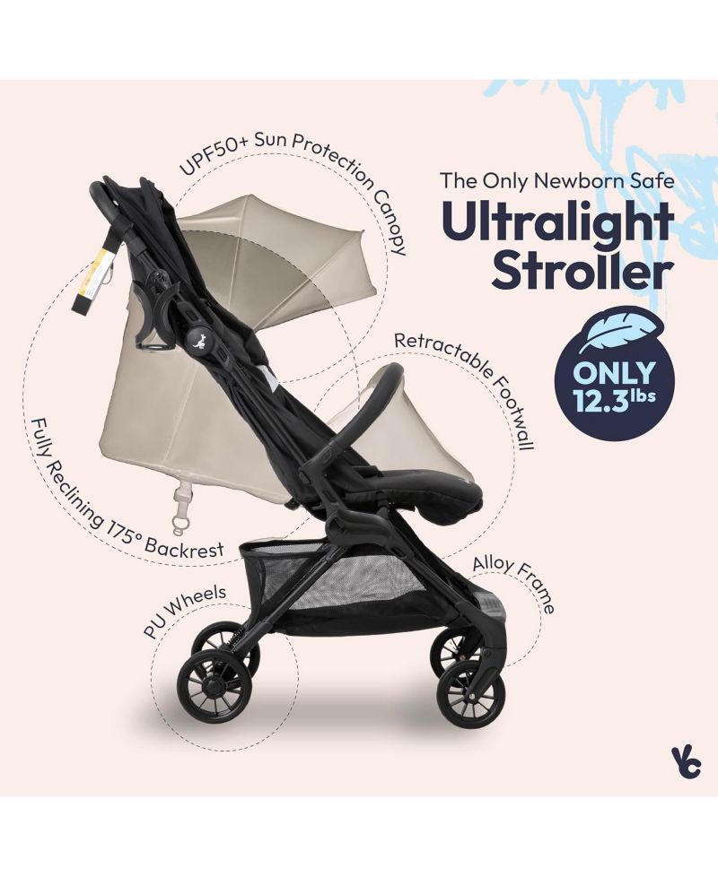 HopLite Ultralight Compact Lightweight Baby Stroller For Airplane - Travel Stroller for Newborn from Birth to 55 lbs, Jet Black