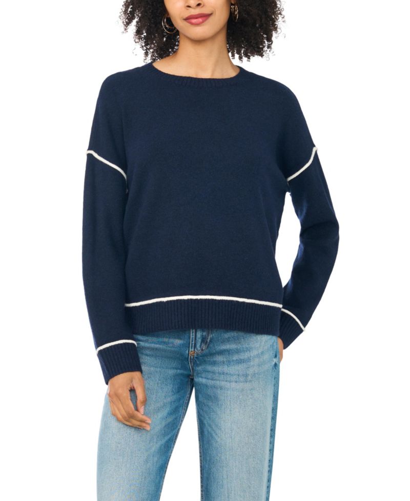 Women's Long Sleeve Crewneck with Contrast Stitching Sweater