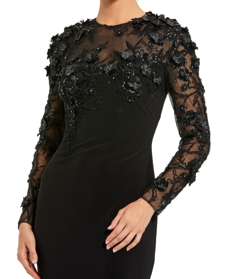 Petite Jersey Long Sleeve Fitted Gown With Floral Beading