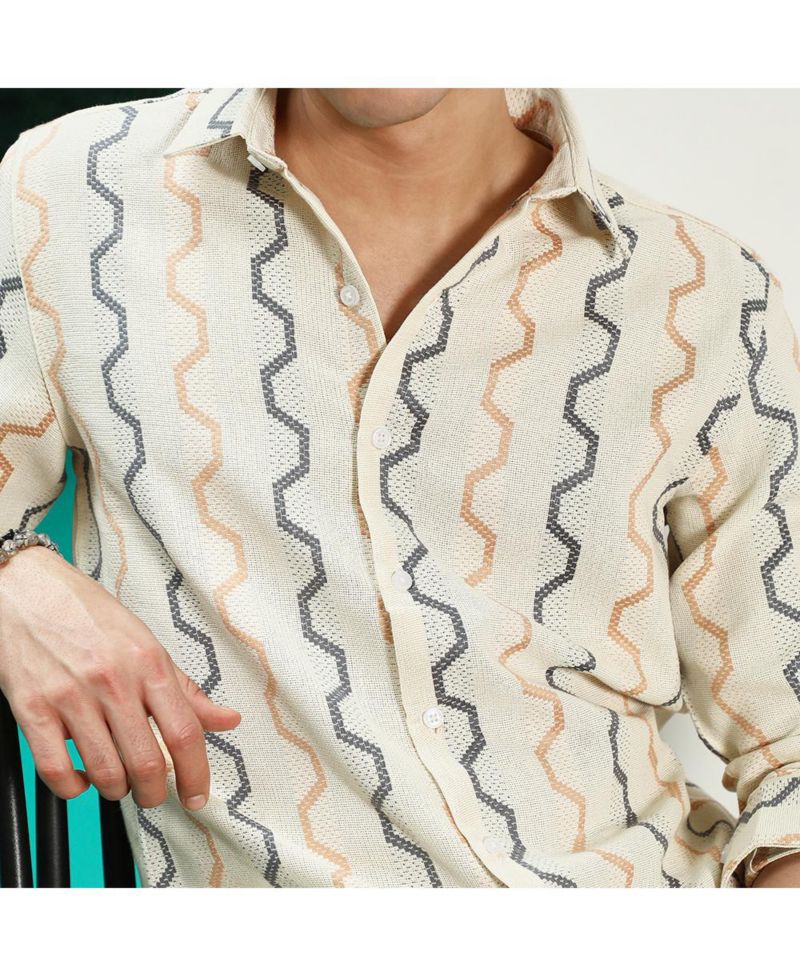 Men's Off White Zigzag Pattern Full Sleeve Cotton Blend Shirt