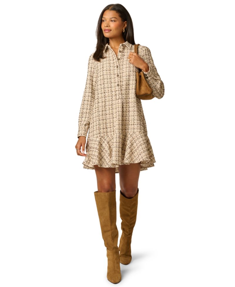 Women's Hailey Tweed Long-Sleeve Ruffled-Hem Shirt Dress