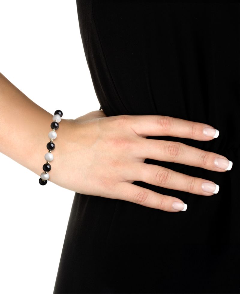 Freshwater Pearl (7.5-8.5mm), Black Onyx and Gold Bead Bracelet in 10k Yellow Gold