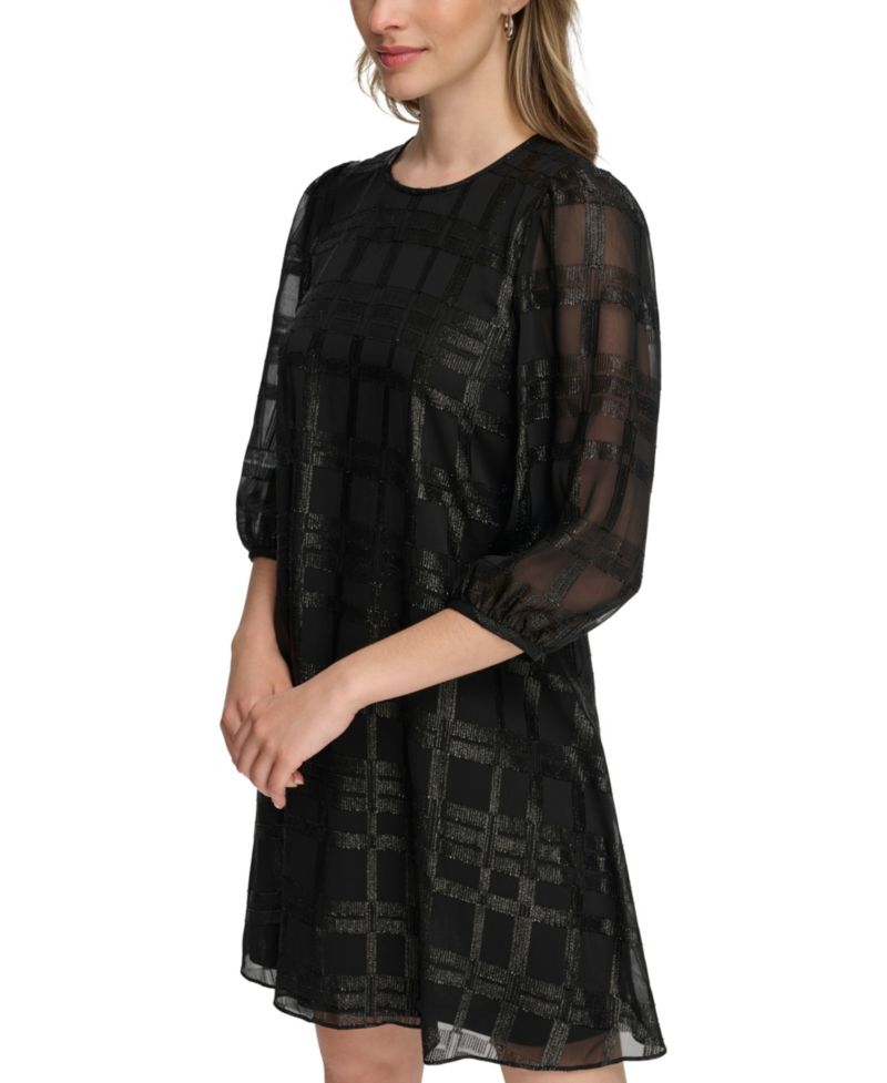 Women's Metallic Geometric-Print 3/4-Sleeve Shift Dress