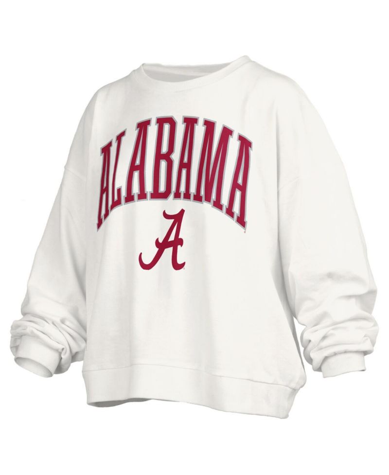 Women's White Alabama Crimson Tide Janise Arch Over Logo Waist Length Oversized Pullover Sweatshirt