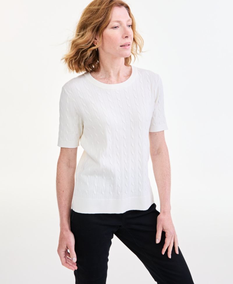 Petite Cable-Knit Short-Sleeve Sweater