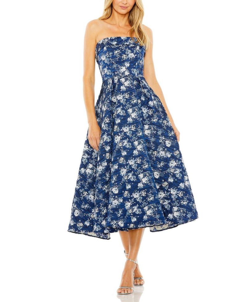 Women's Strapless Brocade Midi Dress