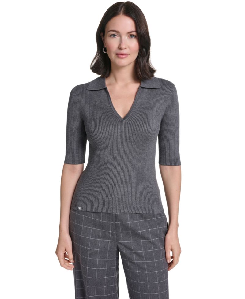Women's Collared 3/4-Sleeve Ribbed-Knit Top