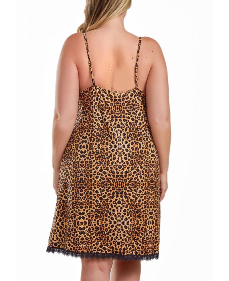 Chiya Plus Size Leopard Chemise with Lace Trim and Front Lace Slit