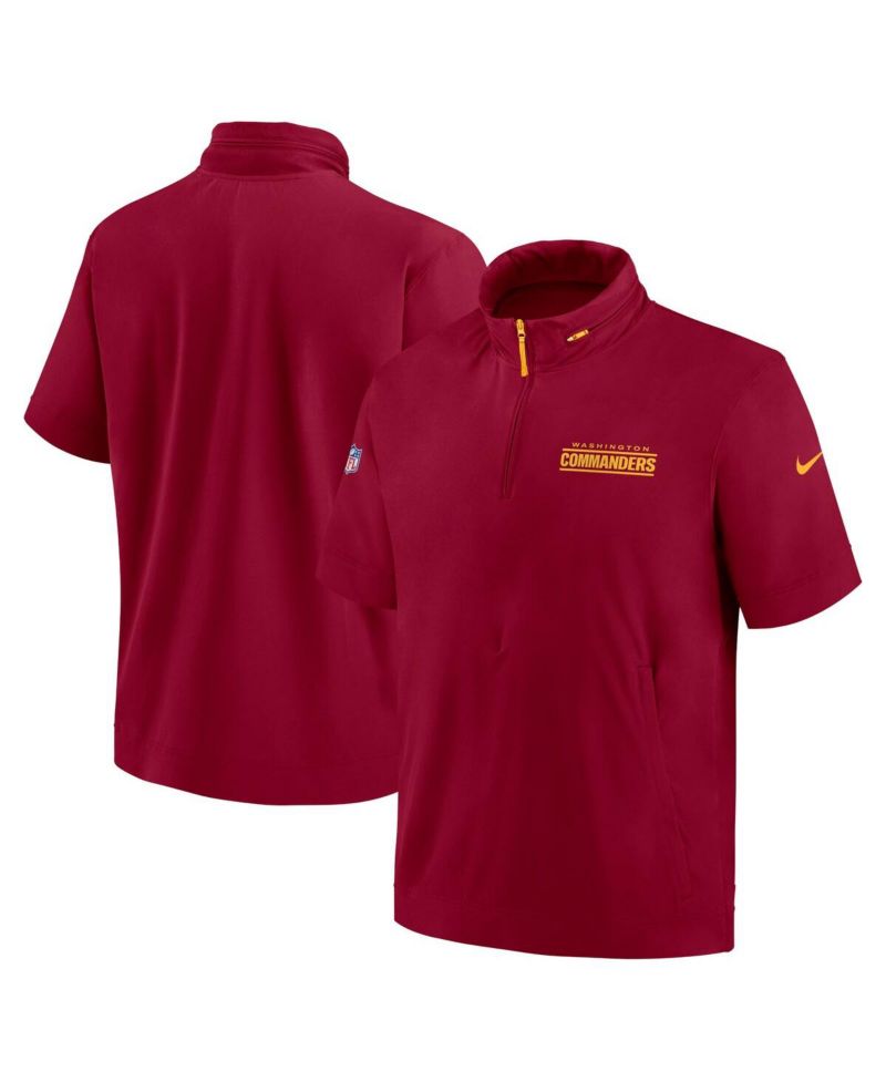 Men's Burgundy Washington Commanders 2024 Sideline Coach Short Sleeve Half-Zip Hoodie Jacket