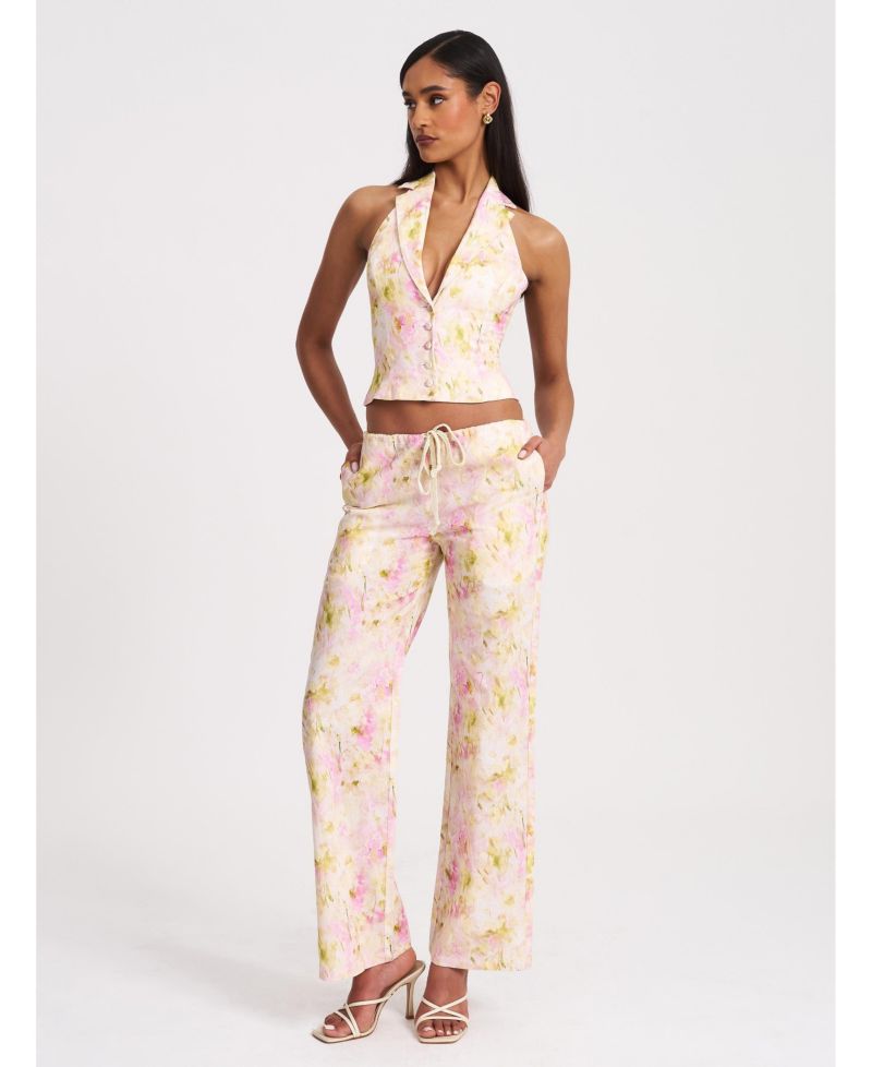 Women Lauren Pink Floral Print Ruched Back Linen Suit Vest