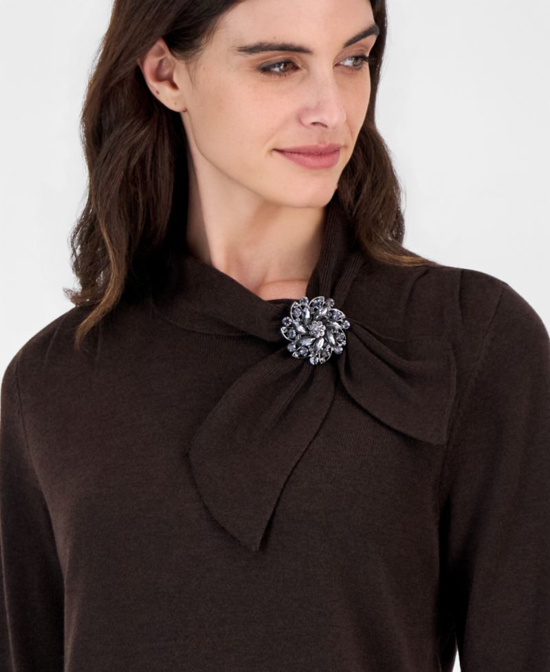 Petite Mock-Neck Pleated-Shoulder Sweater with Brooch